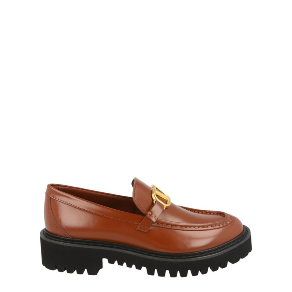 Valentino VLogo Signature Glossed-Leather Loafers Brown Womens